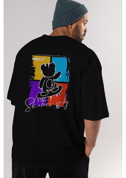 Skaters Only Bear Arka Baskılı Siyah Oversize T-Shirt Erkek Kadın Bisiklet Yaka fiyatları