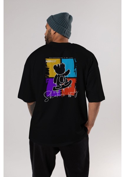 Skaters Only Bear Arka Baskılı Siyah Oversize T-Shirt Erkek Kadın Bisiklet Yaka modelleri