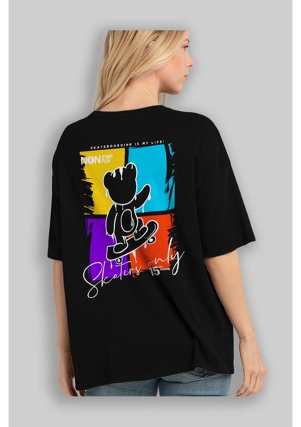 Skaters Only Bear Arka Baskılı Siyah Oversize T-Shirt Erkek Kadın Bisiklet Yaka fırsatları