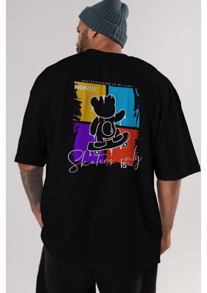 Skaters Only Bear Arka Baskılı Siyah Oversize T-Shirt Erkek Kadın Bisiklet Yaka indirimleri