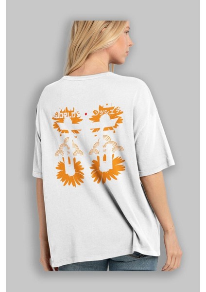 Land Of Worlds Pop Arka Baskılı Beyaz Oversize T-Shirt Erkek Kadın Bisiklet Yaka fiyatları