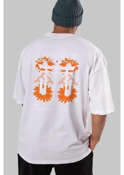 Land Of Worlds Pop Arka Baskılı Beyaz Oversize T-Shirt Erkek Kadın Bisiklet Yaka fırsatları