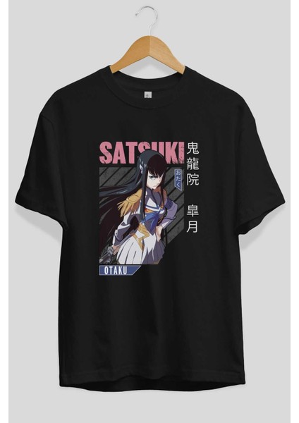 Satsuki Kiryuuin 8 Anime Ön Baskılı Siyah Oversize T-Shirt Erkek Kadın