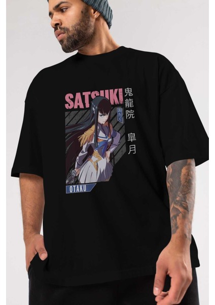 Satsuki Kiryuuin 8 Anime Ön Baskılı Siyah Oversize T-Shirt Erkek Kadın