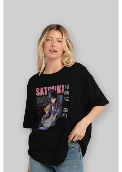 Satsuki Kiryuuin 8 Anime Ön Baskılı Siyah Oversize T-Shirt Erkek Kadın