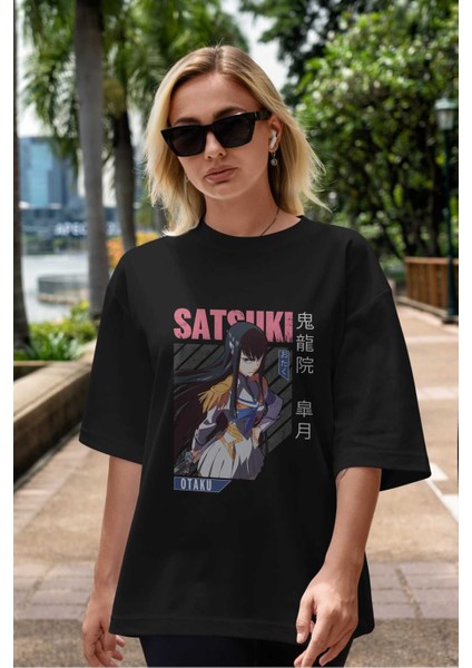 Satsuki Kiryuuin 8 Anime Ön Baskılı Siyah Oversize T-Shirt Erkek Kadın