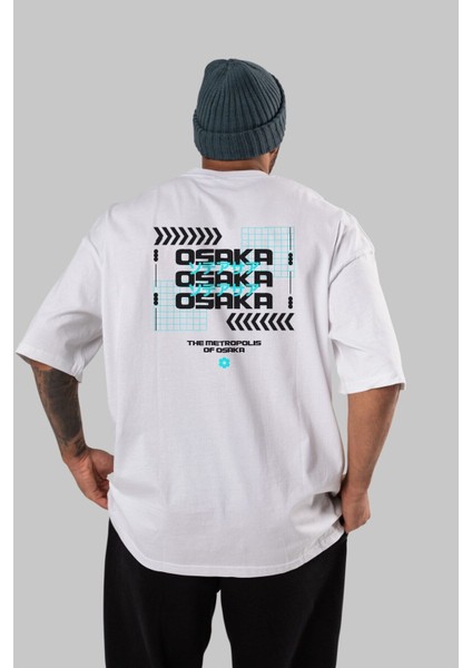 The Metropolis Osaka Arka Baskılı Beyaz Oversize T-Shirt Erkek Kadın Bisiklet Yaka