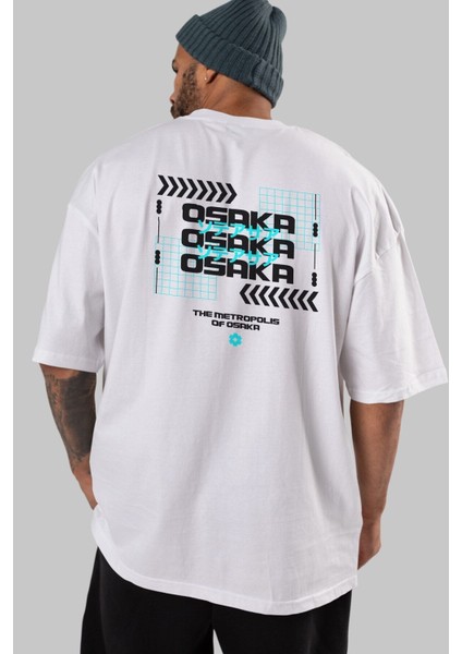 The Metropolis Osaka Arka Baskılı Beyaz Oversize T-Shirt Erkek Kadın Bisiklet Yaka modelleri