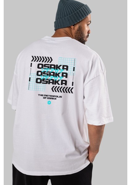 The Metropolis Osaka Arka Baskılı Beyaz Oversize T-Shirt Erkek Kadın Bisiklet Yaka fırsatları