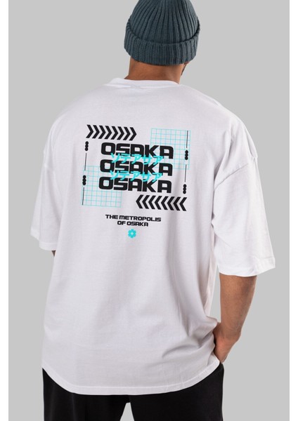 The Metropolis Osaka Arka Baskılı Beyaz Oversize T-Shirt Erkek Kadın Bisiklet Yaka indirimleri