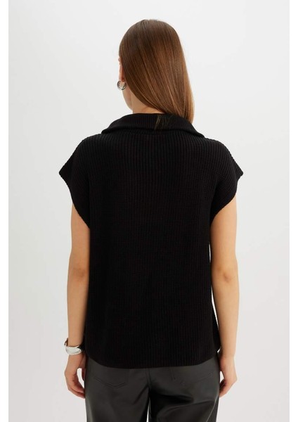 Relax Fit Fermuarlı Dik Yaka Selanik Kumaş Siyah Triko Süveter fırsatları