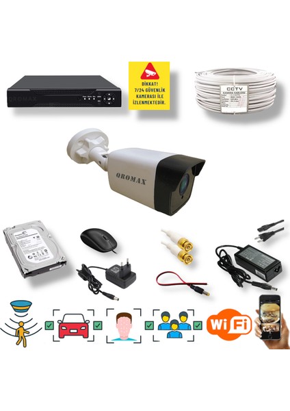 1 Kameralı Set - Yapay Zeka Özellikli Gece Görüşlü 5 MP Sony Lensli FullHD Güvenlik Kamerası Seti 5136-104