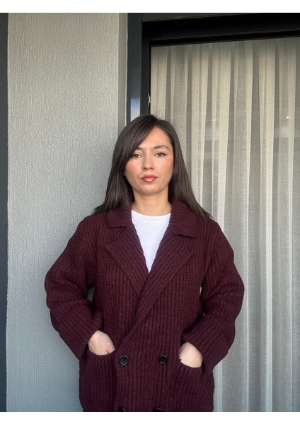 Bordo Kruvaze Yaka Ceket Hırka