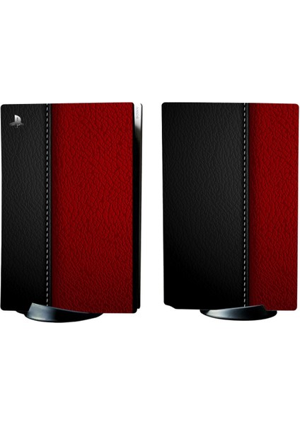 Kırmızı-Siyah Deri Playstation 5 Standart Kasa Dijital Versiyon Full Sticker Kaplama Seti