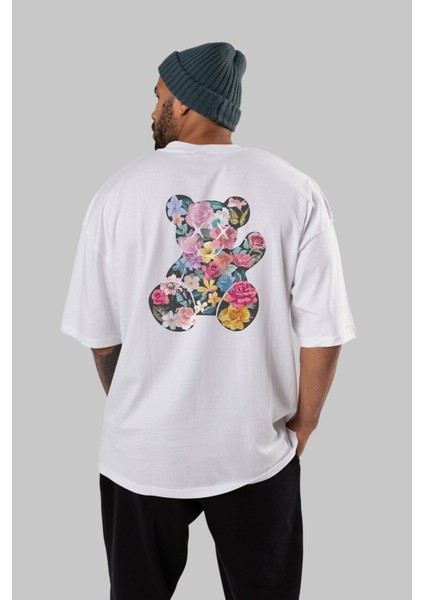 Flowers Bear Arka Baskılı Beyaz Oversize T-Shirt Erkek Kadın Bisiklet Yaka