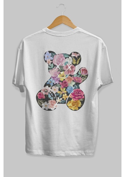 Flowers Bear Arka Baskılı Beyaz Oversize T-Shirt Erkek Kadın Bisiklet Yaka fiyatları