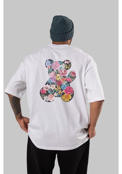 Flowers Bear Arka Baskılı Beyaz Oversize T-Shirt Erkek Kadın Bisiklet Yaka fırsatları