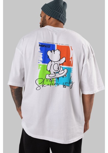 Skaters Only Bear Arka Baskılı Beyaz Oversize T-Shirt Erkek Kadın Bisiklet Yaka