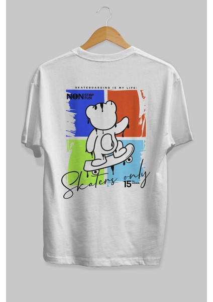 Skaters Only Bear Arka Baskılı Beyaz Oversize T-Shirt Erkek Kadın Bisiklet Yaka fiyatları