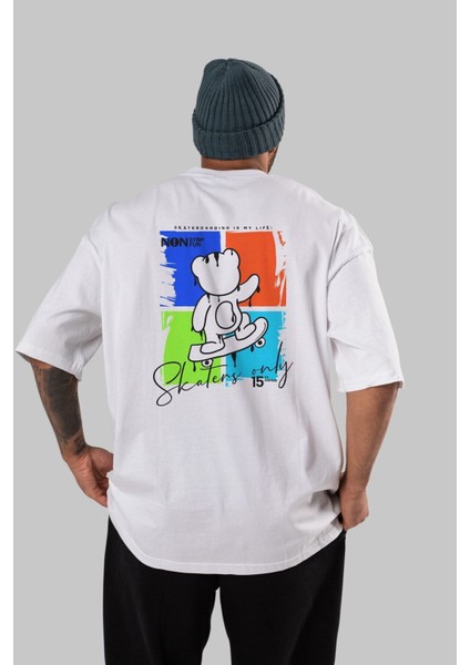Skaters Only Bear Arka Baskılı Beyaz Oversize T-Shirt Erkek Kadın Bisiklet Yaka modelleri