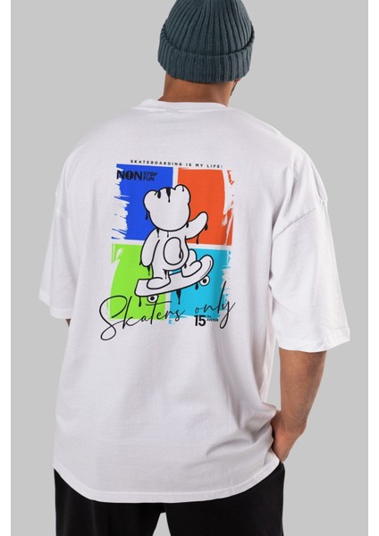Skaters Only Bear Arka Baskılı Beyaz Oversize T-Shirt Erkek Kadın Bisiklet Yaka fırsatları