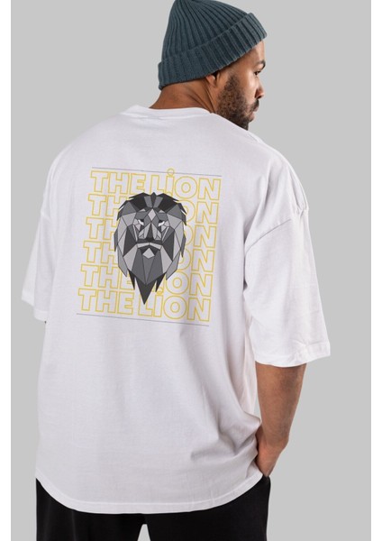 The Lion Yazılı Arka Baskılı Beyaz Oversize T-Shirt Erkek Kadın Bisiklet Yaka