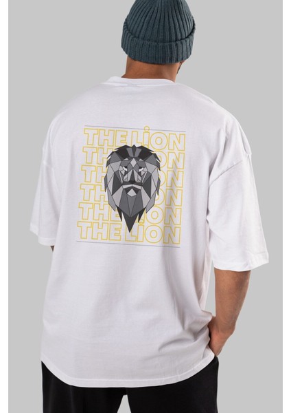 The Lion Yazılı Arka Baskılı Beyaz Oversize T-Shirt Erkek Kadın Bisiklet Yaka fiyatları