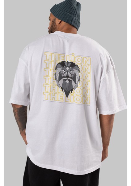 The Lion Yazılı Arka Baskılı Beyaz Oversize T-Shirt Erkek Kadın Bisiklet Yaka fırsatları