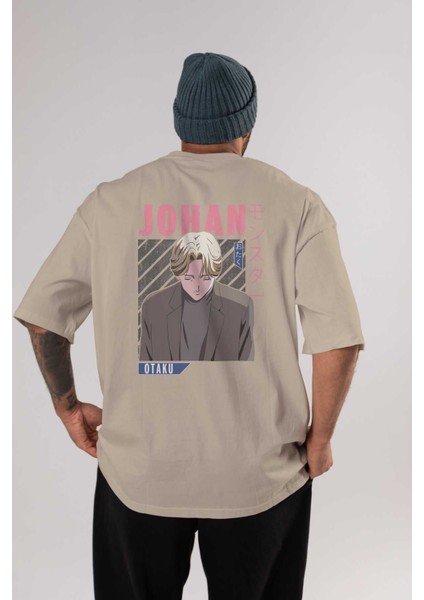 Johan Liebert Monster Anime Arka Baskılı Bej Oversize T-Shirt %100 Pamuk Erkek Kadın