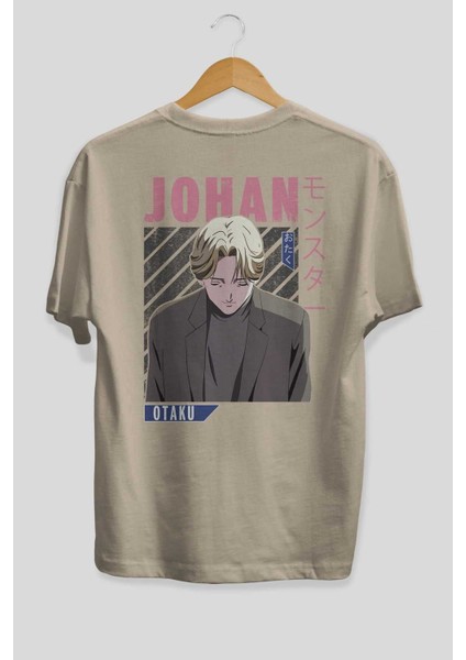 Johan Liebert Monster Anime Arka Baskılı Bej Oversize T-Shirt %100 Pamuk Erkek Kadın