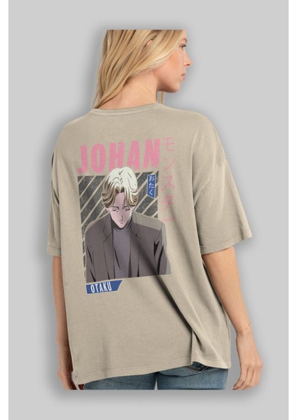 Johan Liebert Monster Anime Arka Baskılı Bej Oversize T-Shirt %100 Pamuk Erkek Kadın