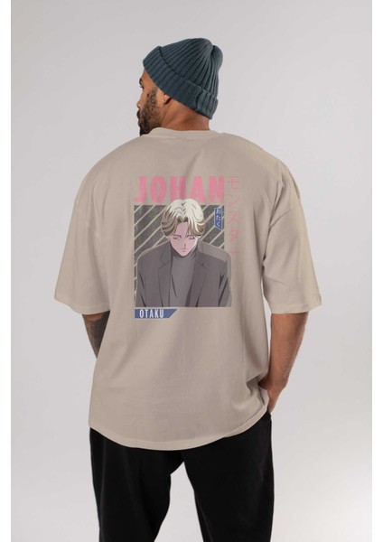 Johan Liebert Monster Anime Arka Baskılı Bej Oversize T-Shirt %100 Pamuk Erkek Kadın
