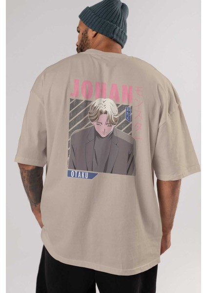 Johan Liebert Monster Anime Arka Baskılı Bej Oversize T-Shirt %100 Pamuk Erkek Kadın
