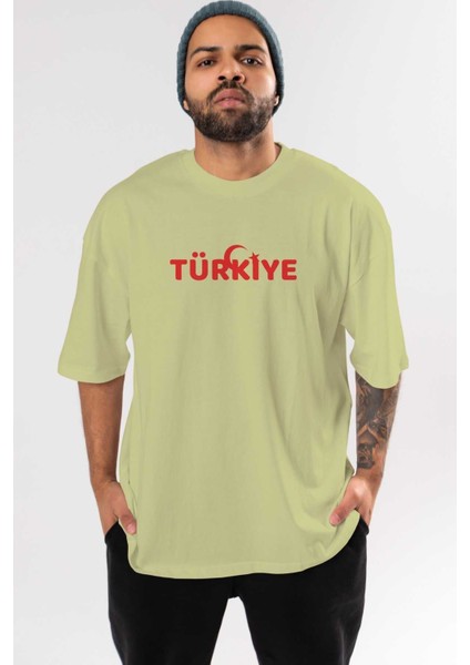 Türkiye Ön Baskılı Bej Oversize T-Shirt Erkek Kadın Bisiklet Yaka