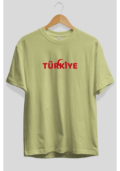 Türkiye Ön Baskılı Bej Oversize T-Shirt Erkek Kadın Bisiklet Yaka fiyatları