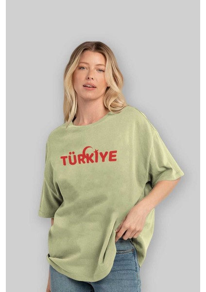 Türkiye Ön Baskılı Bej Oversize T-Shirt Erkek Kadın Bisiklet Yaka fırsatları
