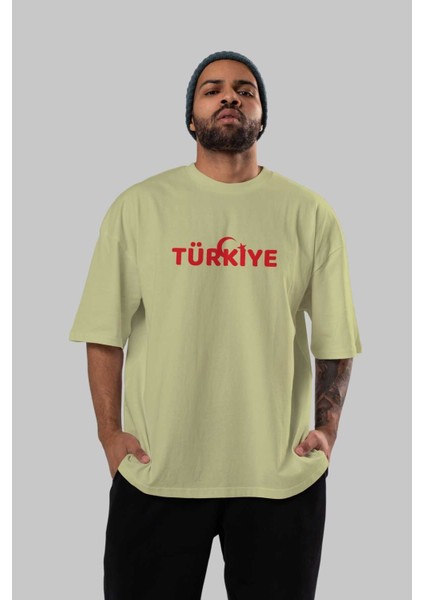 Türkiye Ön Baskılı Bej Oversize T-Shirt Erkek Kadın Bisiklet Yaka indirimleri