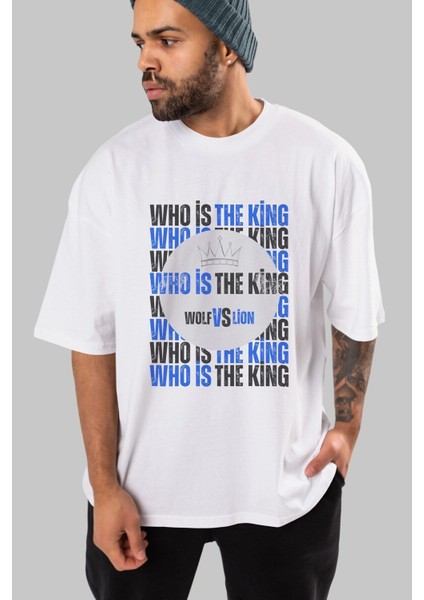 Who Is The King Yazılı Ön Baskılı Beyaz Oversize T-Shirt Erkek Kadın Bisiklet Yaka