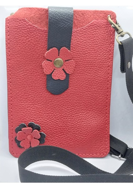 Kırmızı Hakiki Deri El Yapımı Handmade Kadın Cep Telefonu Çantası / Omuz Çantası fırsatları
