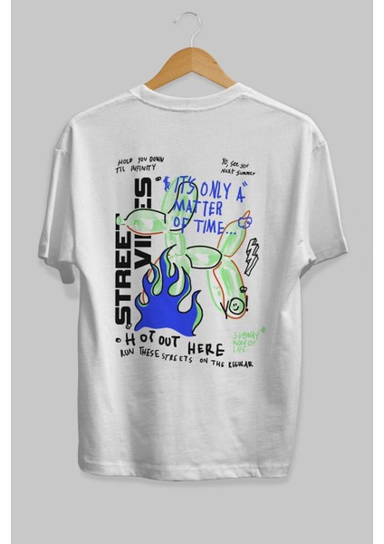 Street Vibes Arka Baskılı Beyaz Oversize T-Shirt Erkek Kadın Bisiklet Yaka fiyatları