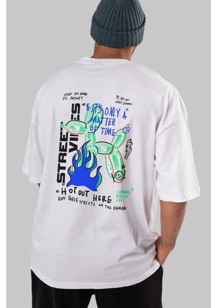 Street Vibes Arka Baskılı Beyaz Oversize T-Shirt Erkek Kadın Bisiklet Yaka fırsatları