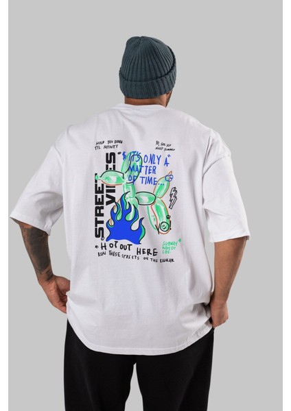 Street Vibes Arka Baskılı Beyaz Oversize T-Shirt Erkek Kadın Bisiklet Yaka indirimleri