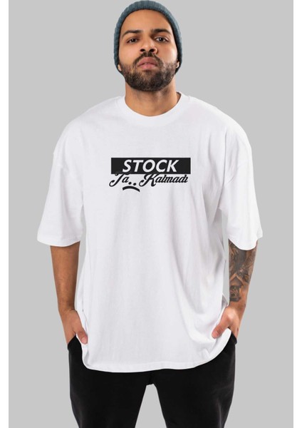 Stock Ta Kalmadı Ön Baskılı Beyaz Oversize T-Shirt Erkek Kadın Bisiklet Yaka