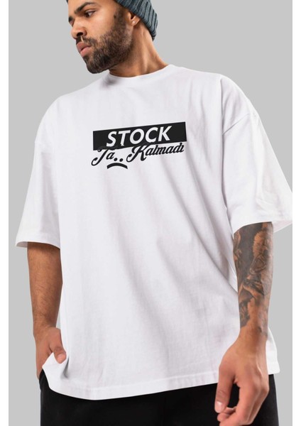 Stock Ta Kalmadı Ön Baskılı Beyaz Oversize T-Shirt Erkek Kadın Bisiklet Yaka modelleri