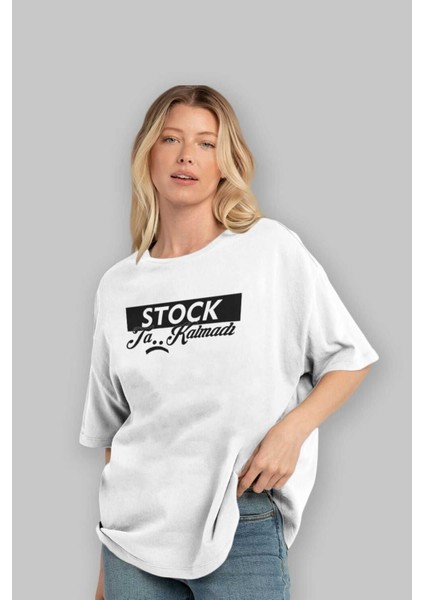 Stock Ta Kalmadı Ön Baskılı Beyaz Oversize T-Shirt Erkek Kadın Bisiklet Yaka fırsatları