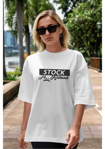 Stock Ta Kalmadı Ön Baskılı Beyaz Oversize T-Shirt Erkek Kadın Bisiklet Yaka indirimleri