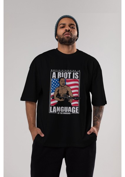 Luther King Jr Rambo Ön Baskılı Siyah Oversize T-Shirt Erkek Kadın Bisiklet Yaka