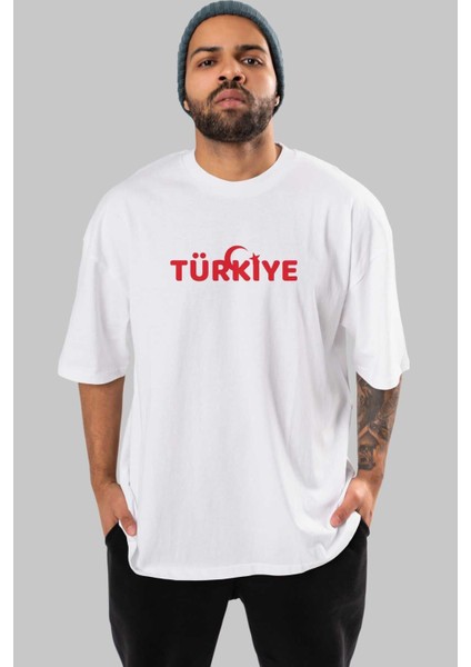 Türkiye Ön Baskılı Beyaz Oversize T-Shirt Erkek Kadın Bisiklet Yaka