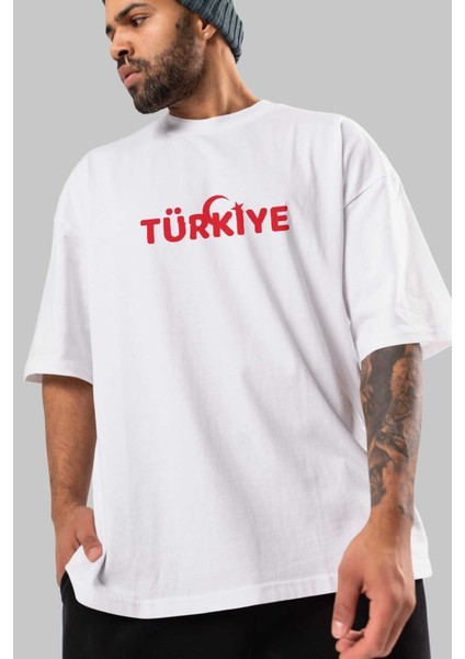 Türkiye Ön Baskılı Beyaz Oversize T-Shirt Erkek Kadın Bisiklet Yaka modelleri