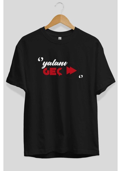 Yalanı Geç Ön Baskılı Siyah Oversize T-Shirt Erkek Kadın Bisiklet Yaka fiyatları